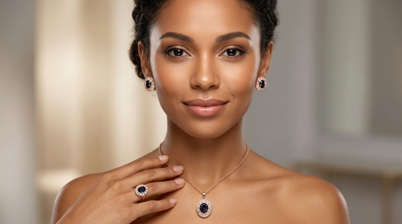 Schmuckset Lila Zirkon Blüte Vintage Roségold – Ring & Kette