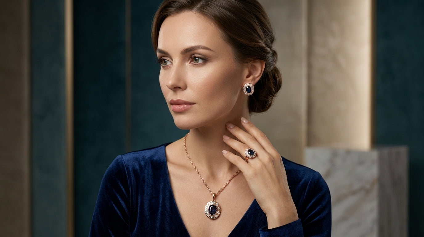 Schmuckset Lila Zirkon Blüte Vintage Roségold – Ring & Kette
