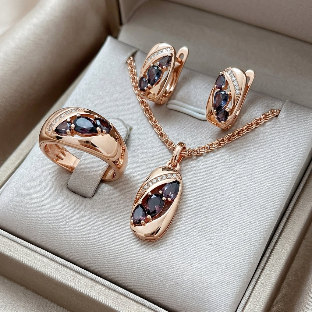 Schmuckset Lila Zirkon Luxus Braut Roségold