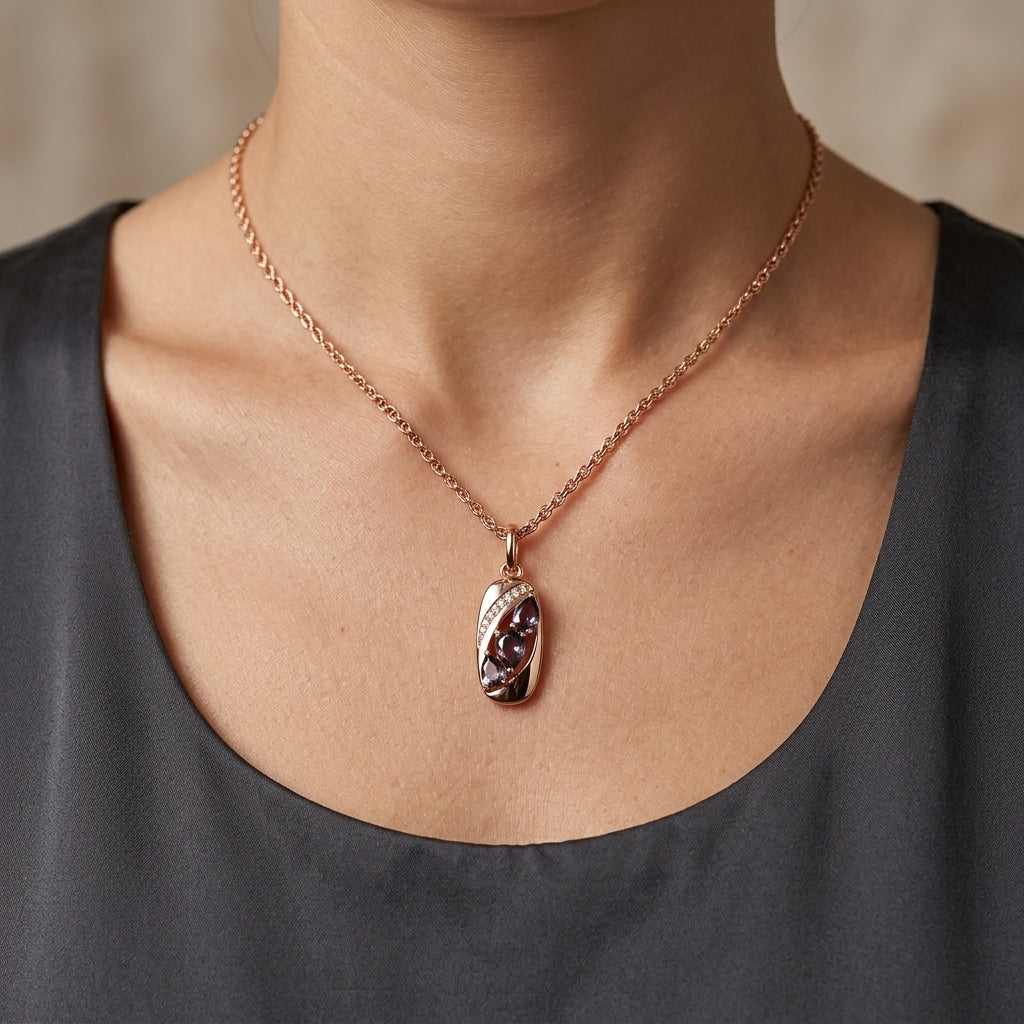 Schmuckset Lila Zirkon Luxus Braut Roségold – Ring & Kette