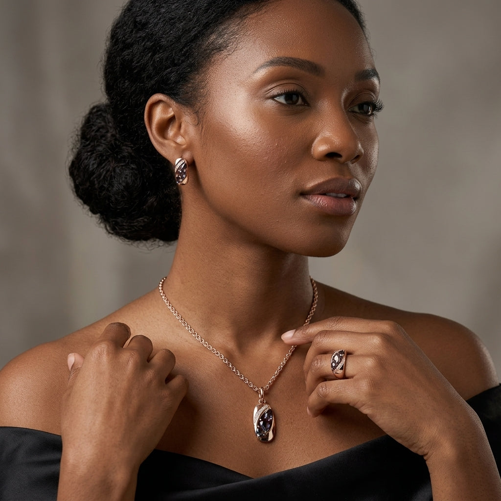 Schmuckset Lila Zirkon Luxus Braut Roségold – Ring & Kette