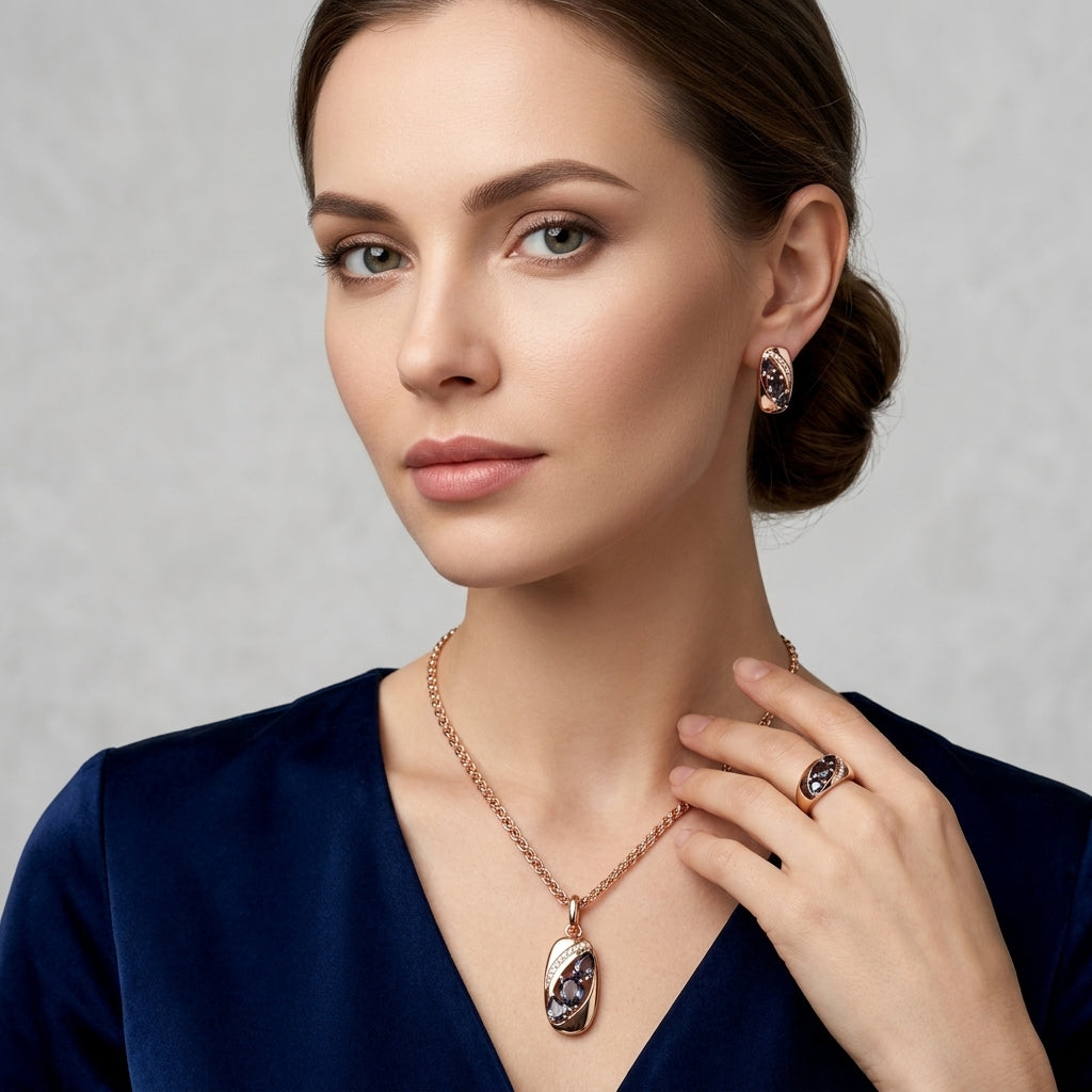 Schmuckset Lila Zirkon Luxus Braut Roségold – Ring & Kette