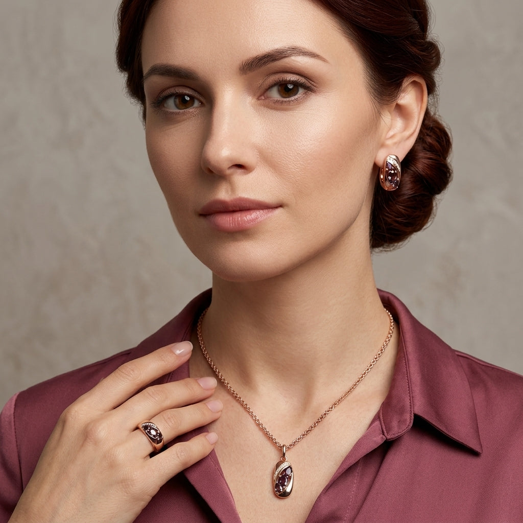 Schmuckset Lila Zirkon Luxus Braut Roségold – Ring & Kette