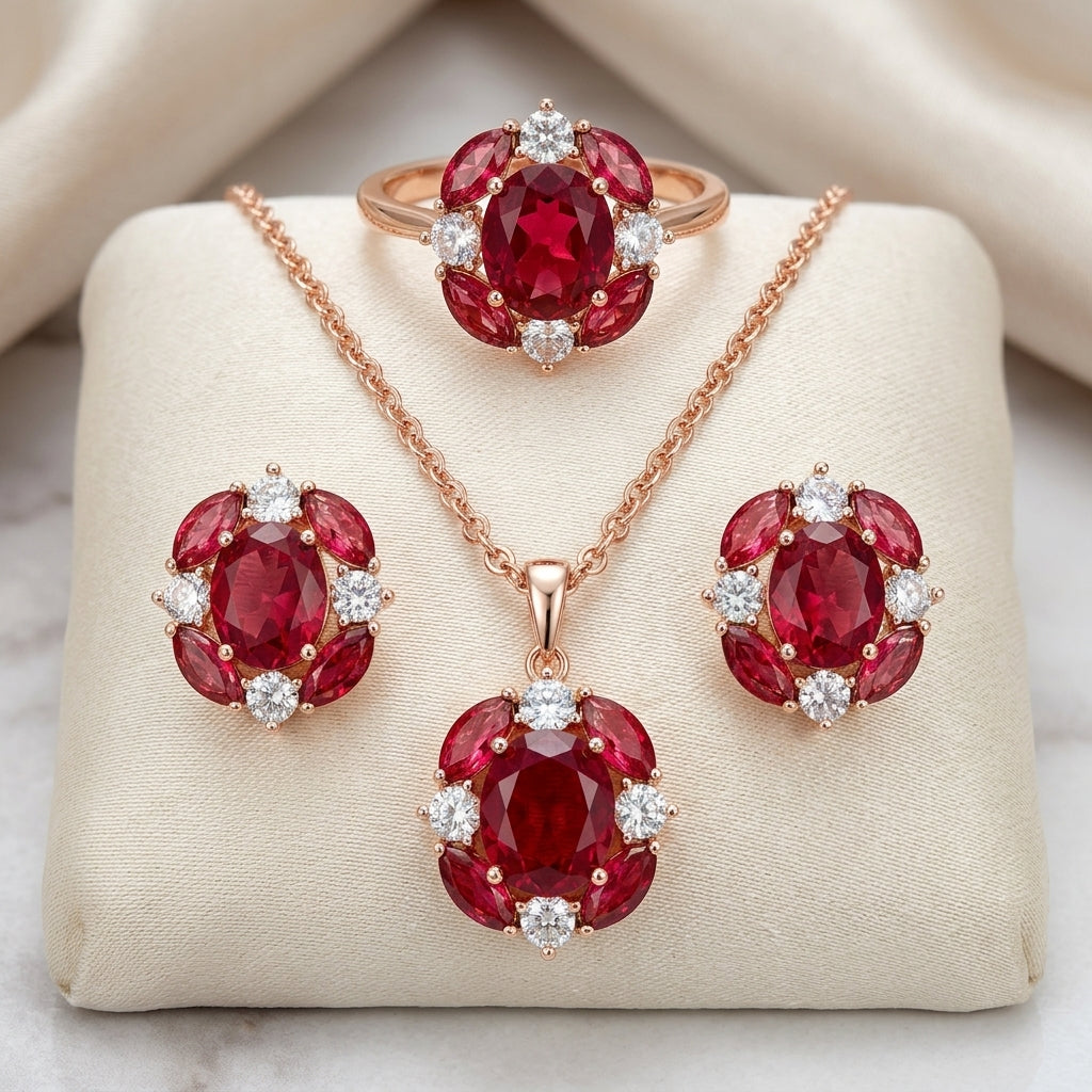Glänzendes Schmuckset in Roségold mit rotem Zirkon – Ring und Halskette