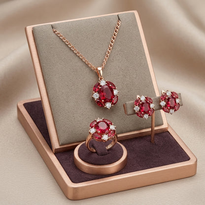 Schmuckset Roter Zirkon Glänzend Roségold – Ring & Kette