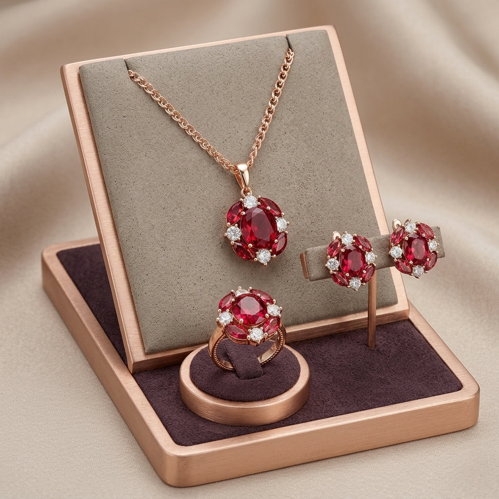 Schmuckset Roter Zirkon Glänzend Roségold