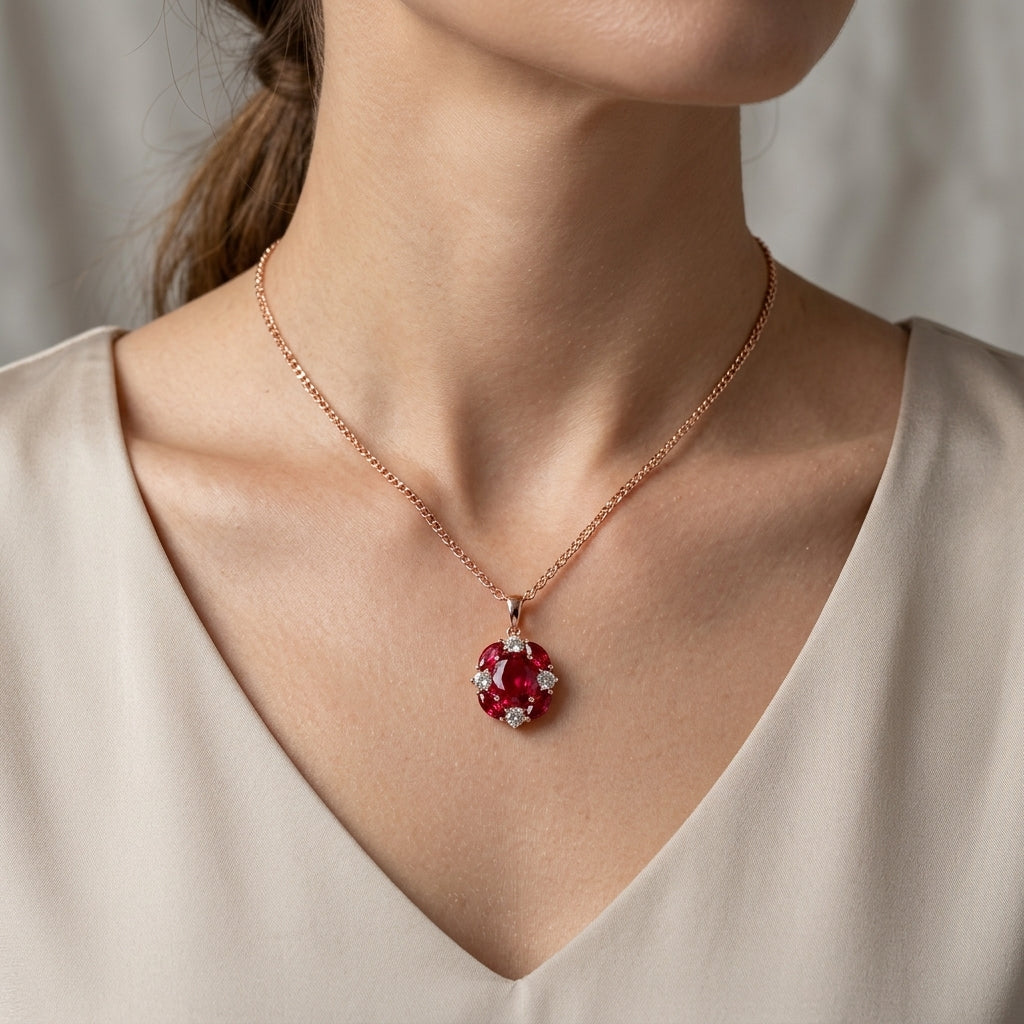 Schmuckset Roter Zirkon Glänzend Roségold – Ring & Kette