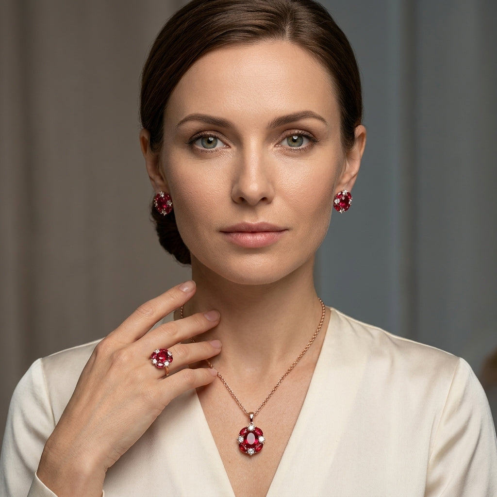 Schmuckset Roter Zirkon Glänzend Roségold – Ring & Kette