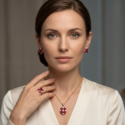 Schmuckset Roter Zirkon Glänzend Roségold – Ring & Kette