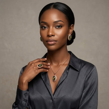 Schmuckset Grüner Bernstein Oval Roségold – Ring & Kette