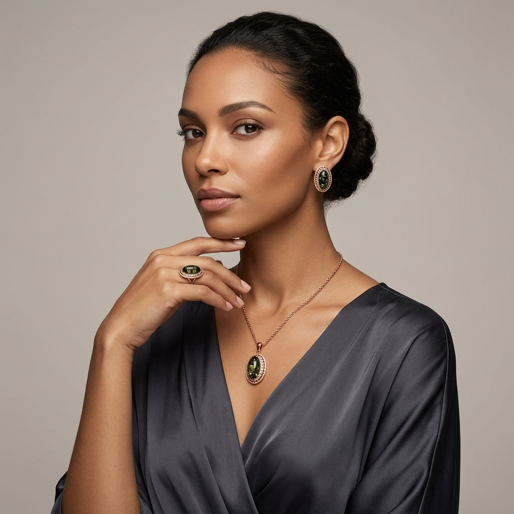Schmuckset Grüner Bernstein Oval Roségold – Ring & Kette