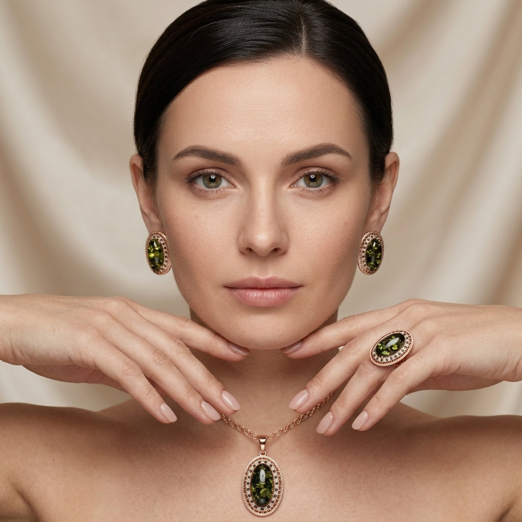 Schmuckset Grüner Bernstein Oval Roségold – Ring & Kette