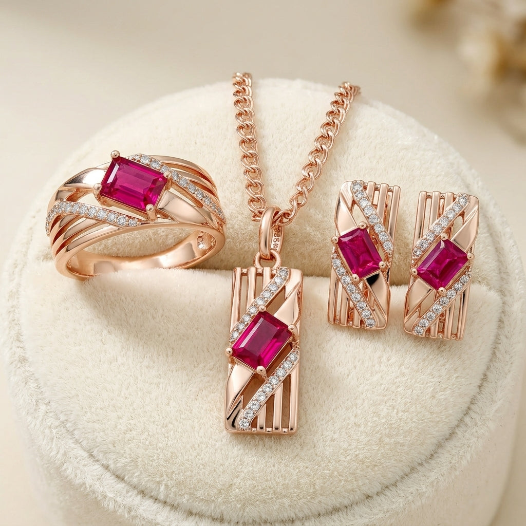 Parure Zircon Rouge Quotidien Or Rose 585 – Bague, Boucles & Collier