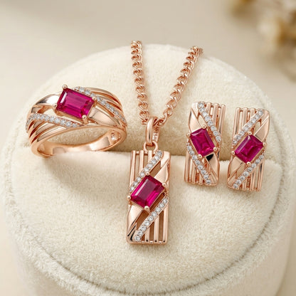 Parure Zircon Rouge Quotidien Or Rose 585 – Bague, Boucles & Collier