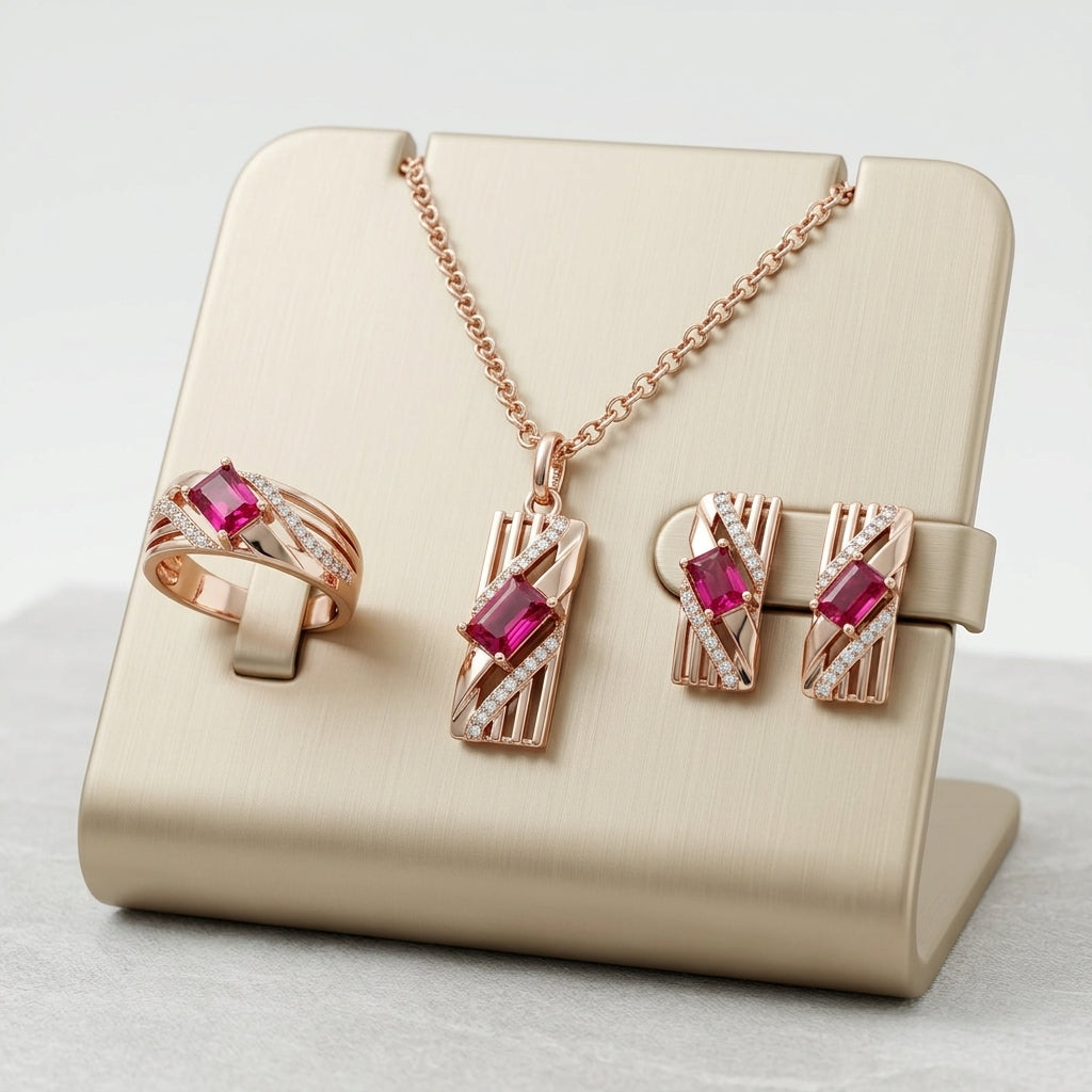 Parure Zircon Rouge Quotidien Or Rose 585 – Bague, Boucles & Collier