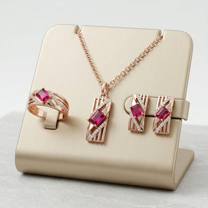 Parure Zircon Rouge Quotidien Or Rose 585 – Bague, Boucles & Collier