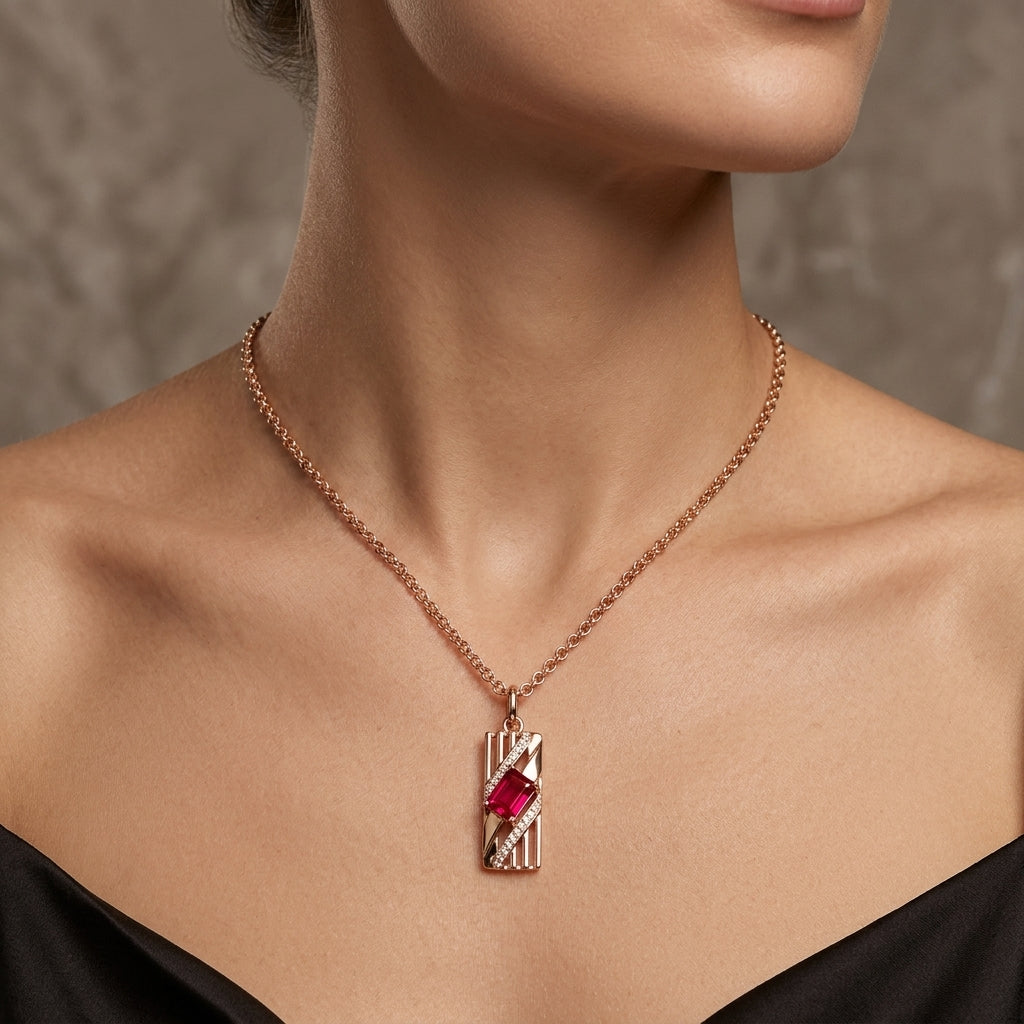 Parure Zircon Rouge Quotidien Or Rose 585 – Bague, Boucles & Collier