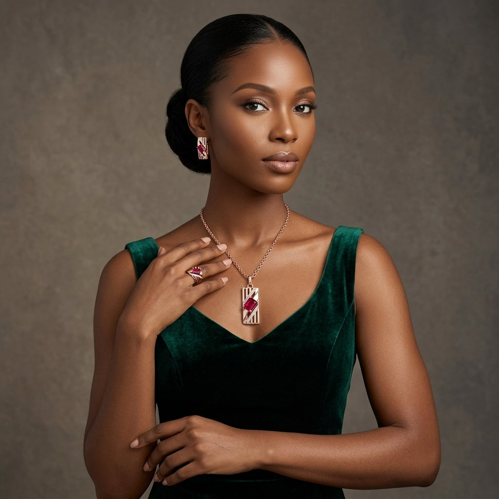 Parure Zircon Rouge Quotidien Or Rose 585 – Bague, Boucles & Collier