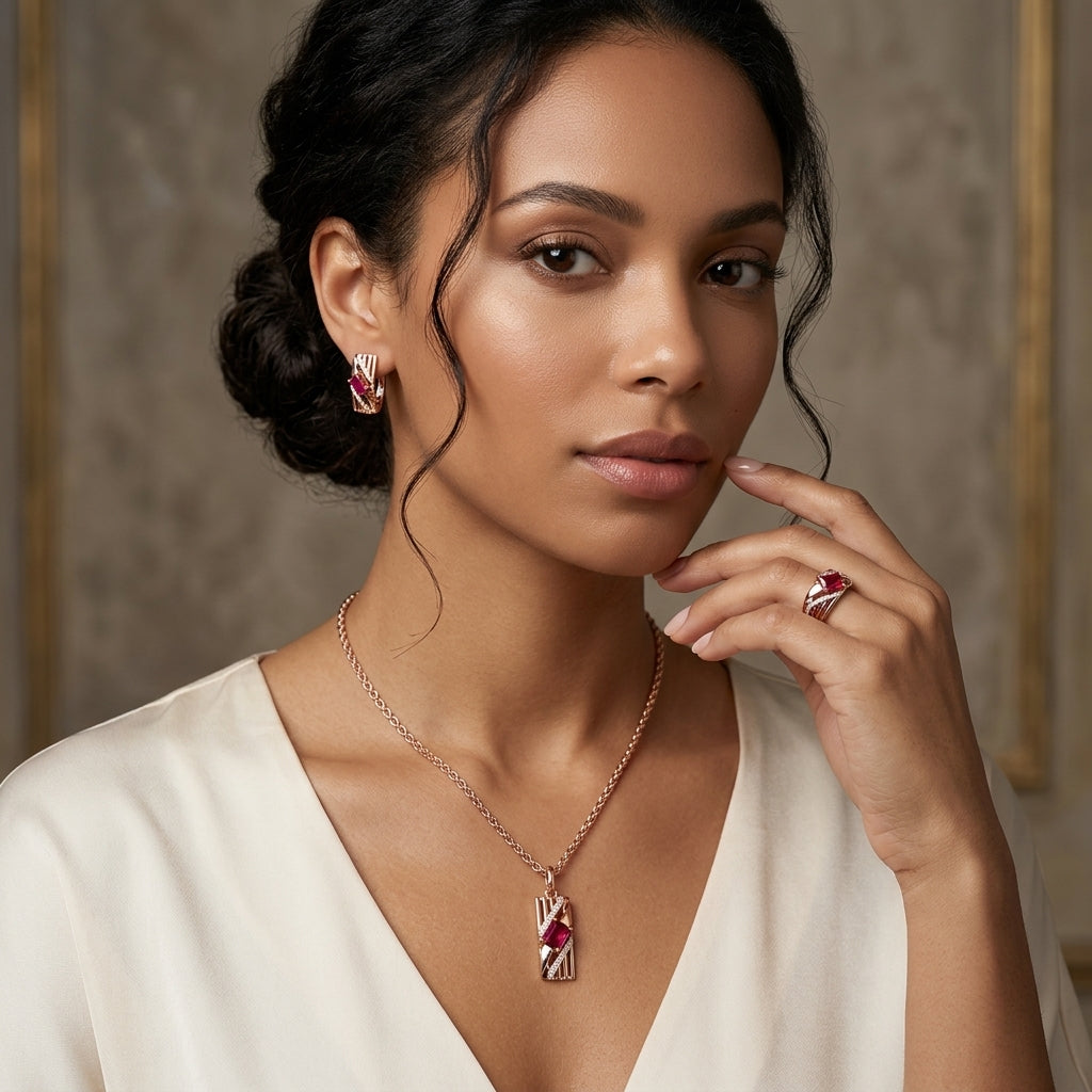 Parure Zircon Rouge Quotidien Or Rose 585 – Bague, Boucles & Collier