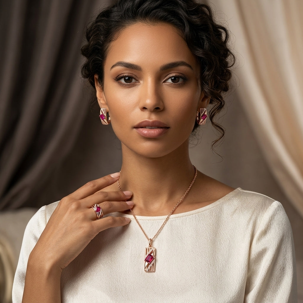 Parure Zircon Rouge Quotidien Or Rose 585 – Bague, Boucles & Collier