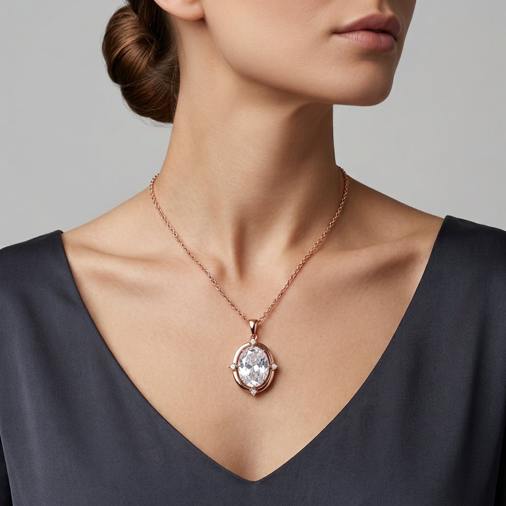 Parure Zircon Ovale Quotidien Or Rose 585 – Bague, Boucles & Collier