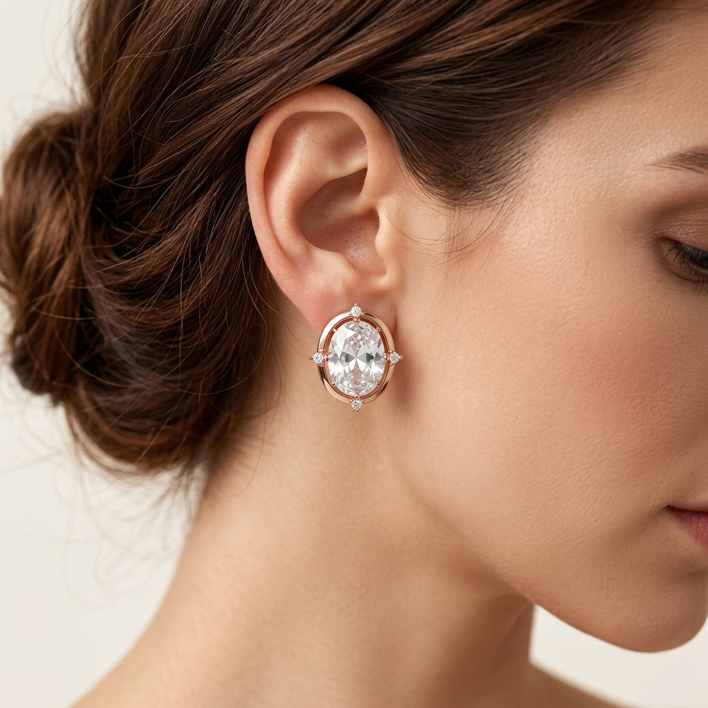 Parure Zircon Ovale Quotidien Or Rose 585 – Bague, Boucles & Collier
