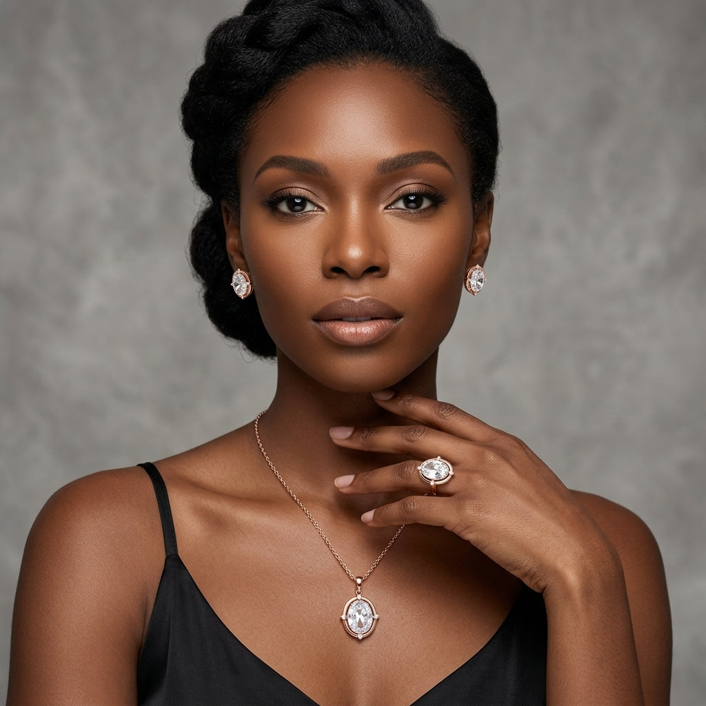 Parure Zircon Ovale Quotidien Or Rose 585 – Bague, Boucles & Collier