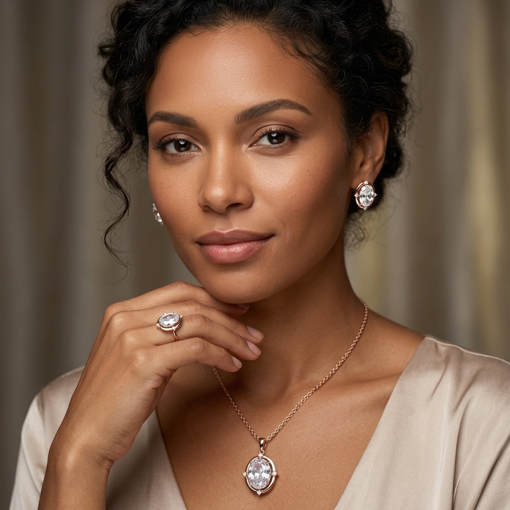 Parure Zircon Ovale Quotidien Or Rose 585 – Bague, Boucles & Collier