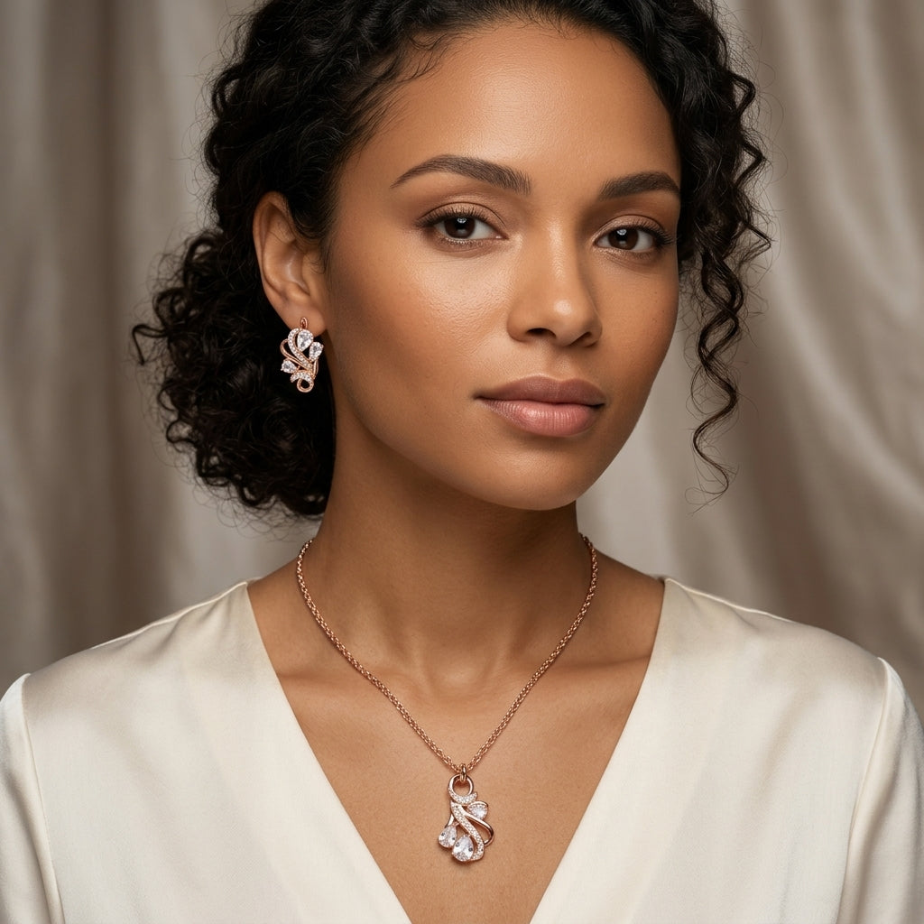 Schmuckset Ethno Hohlmuster Zirkon Braut Roségold – Ring & Kette