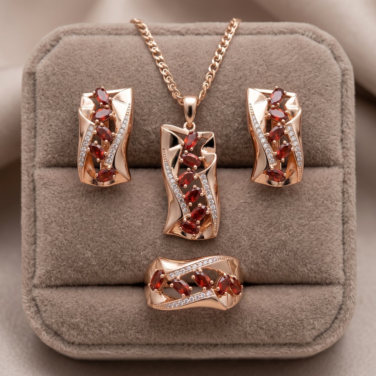 Roségold Schmuckset Zirkon DreiTeilig Ring Ohrringe Kette