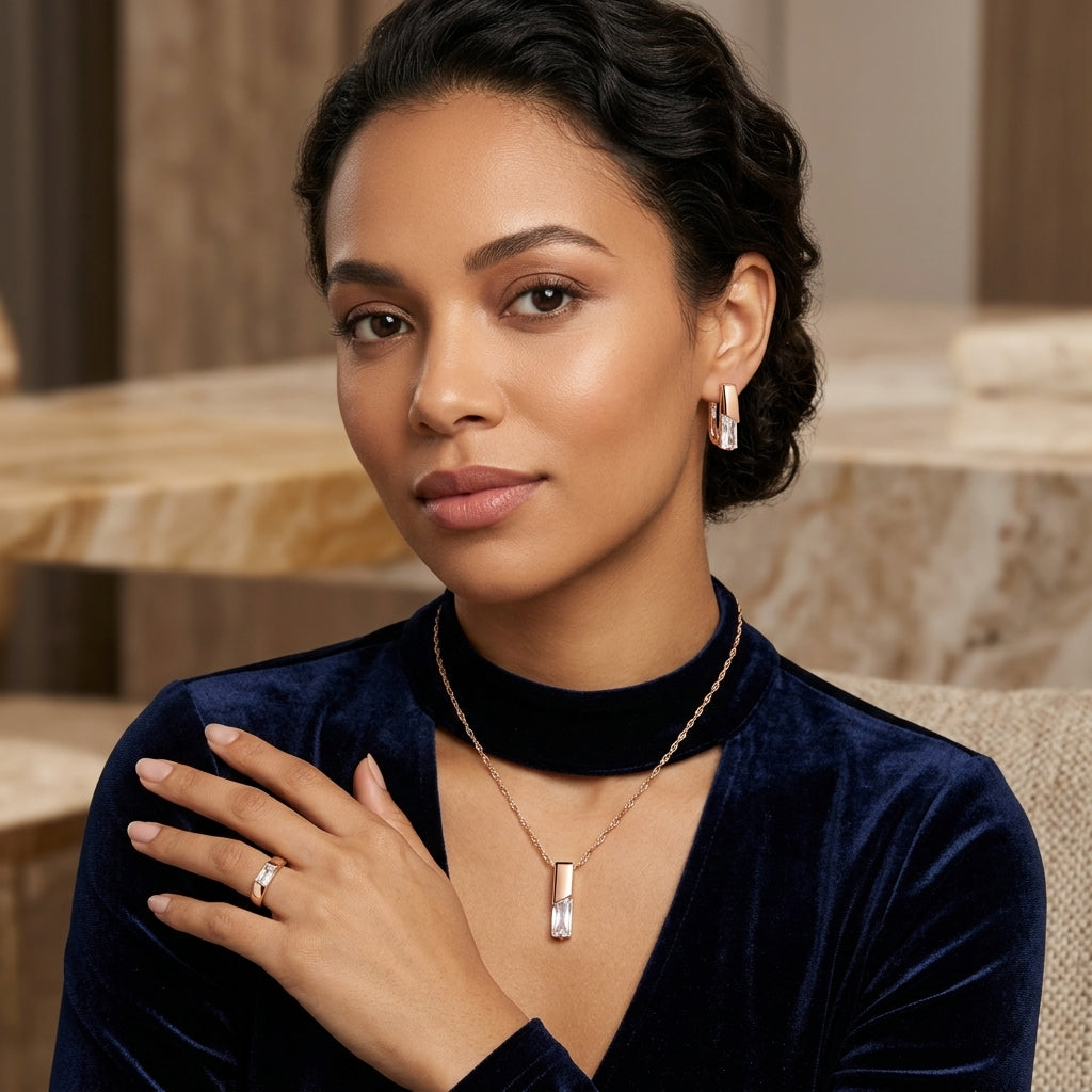 Schmuckset Quadratischer Zirkon Roségold Elegant – Ring & Kette