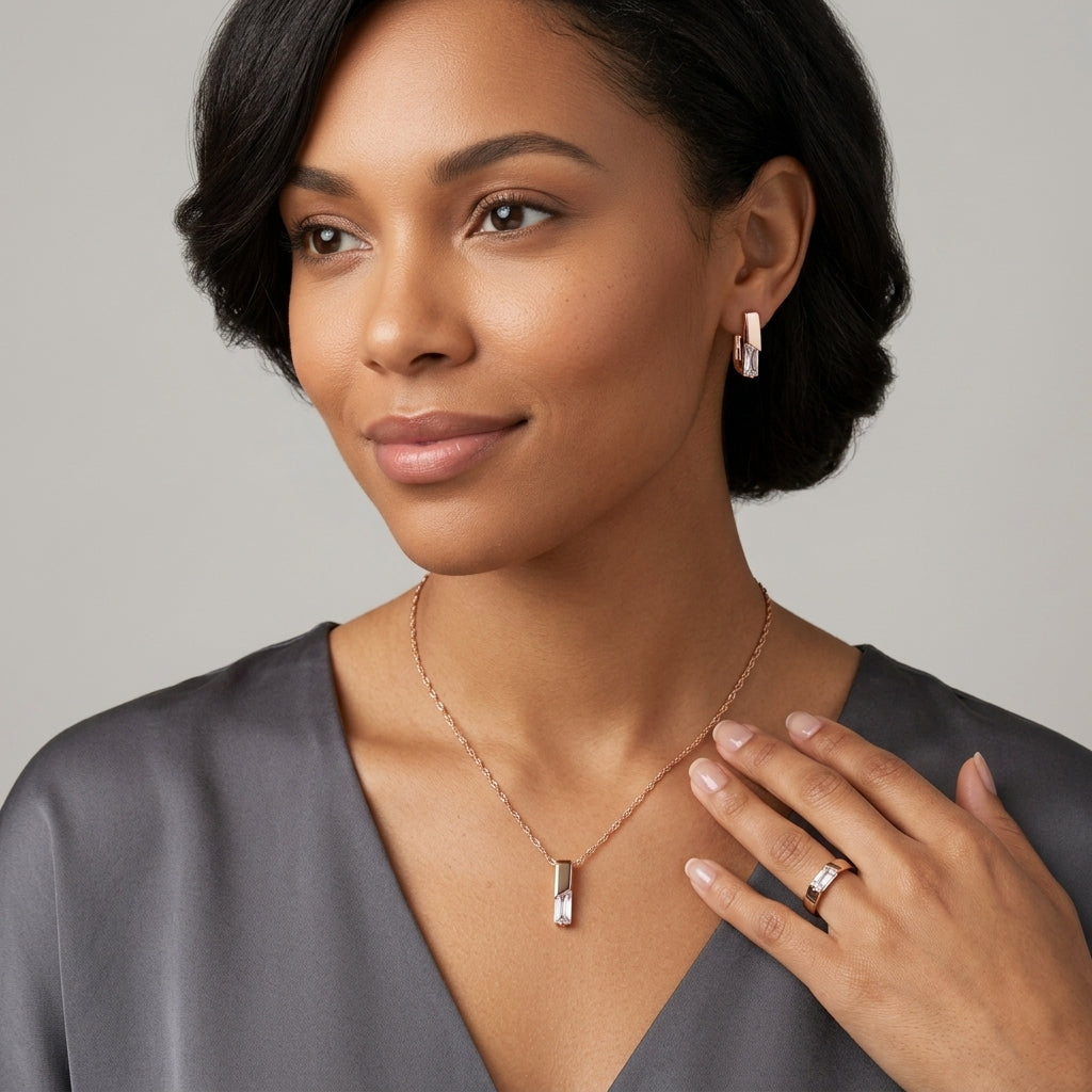 Schmuckset Quadratischer Zirkon Roségold Elegant – Ring & Kette