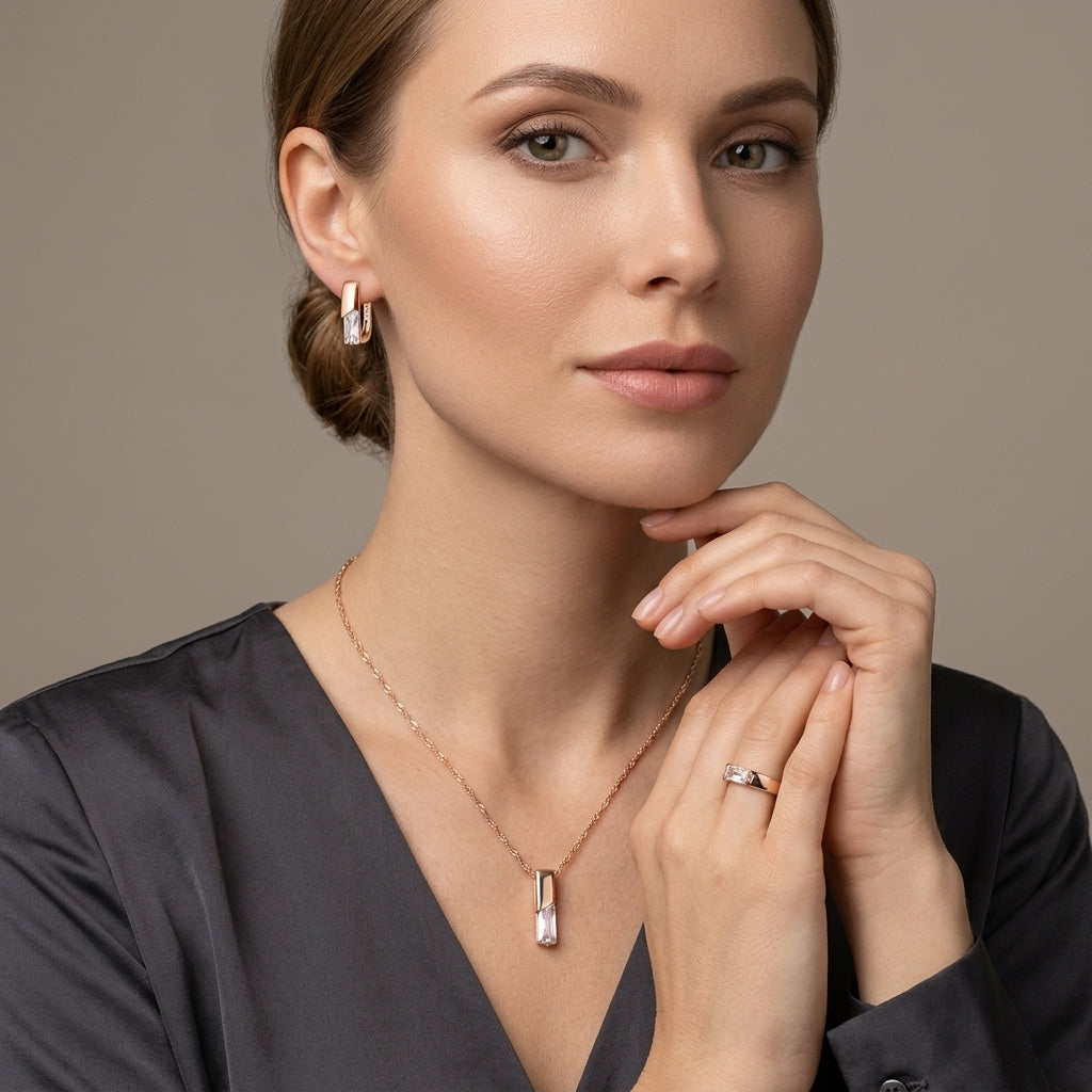 Schmuckset Quadratischer Zirkon Roségold Elegant – Ring & Kette
