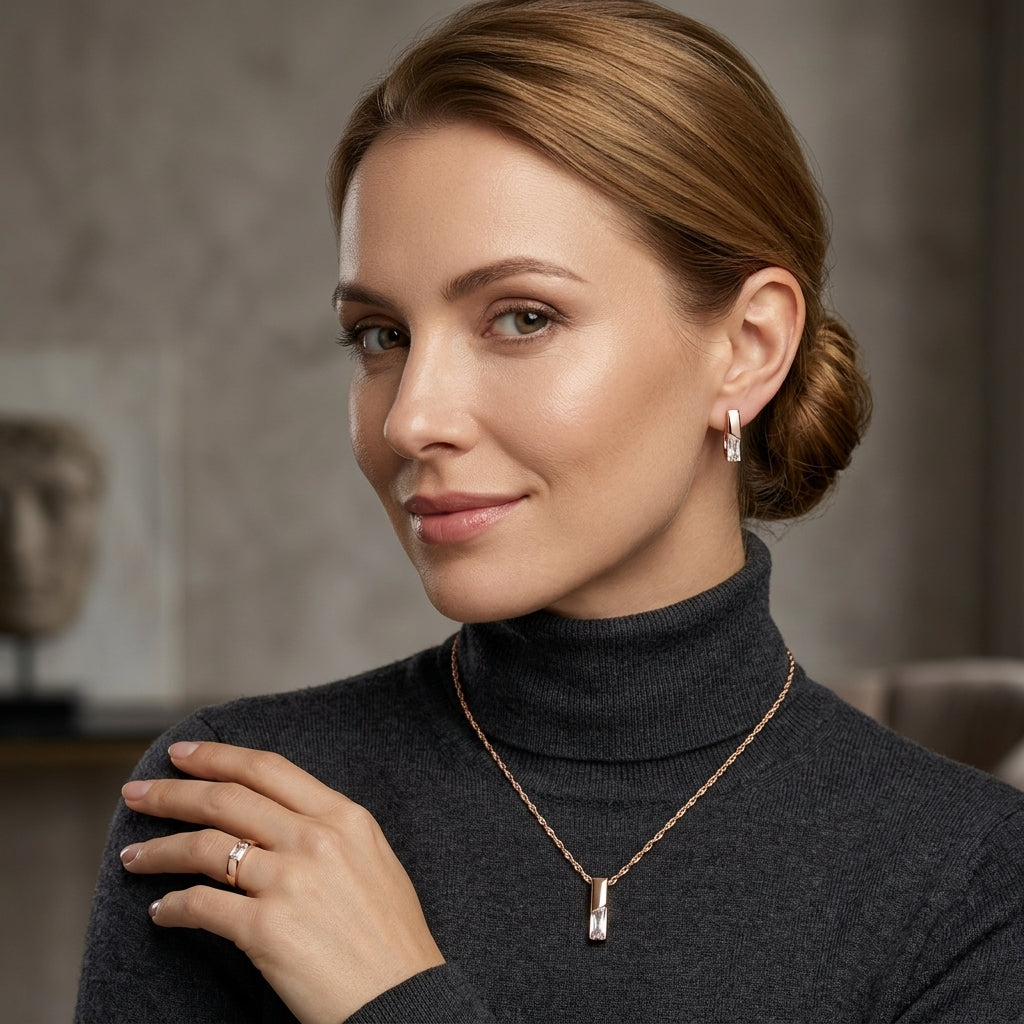 Schmuckset Quadratischer Zirkon Roségold Elegant – Ring & Kette