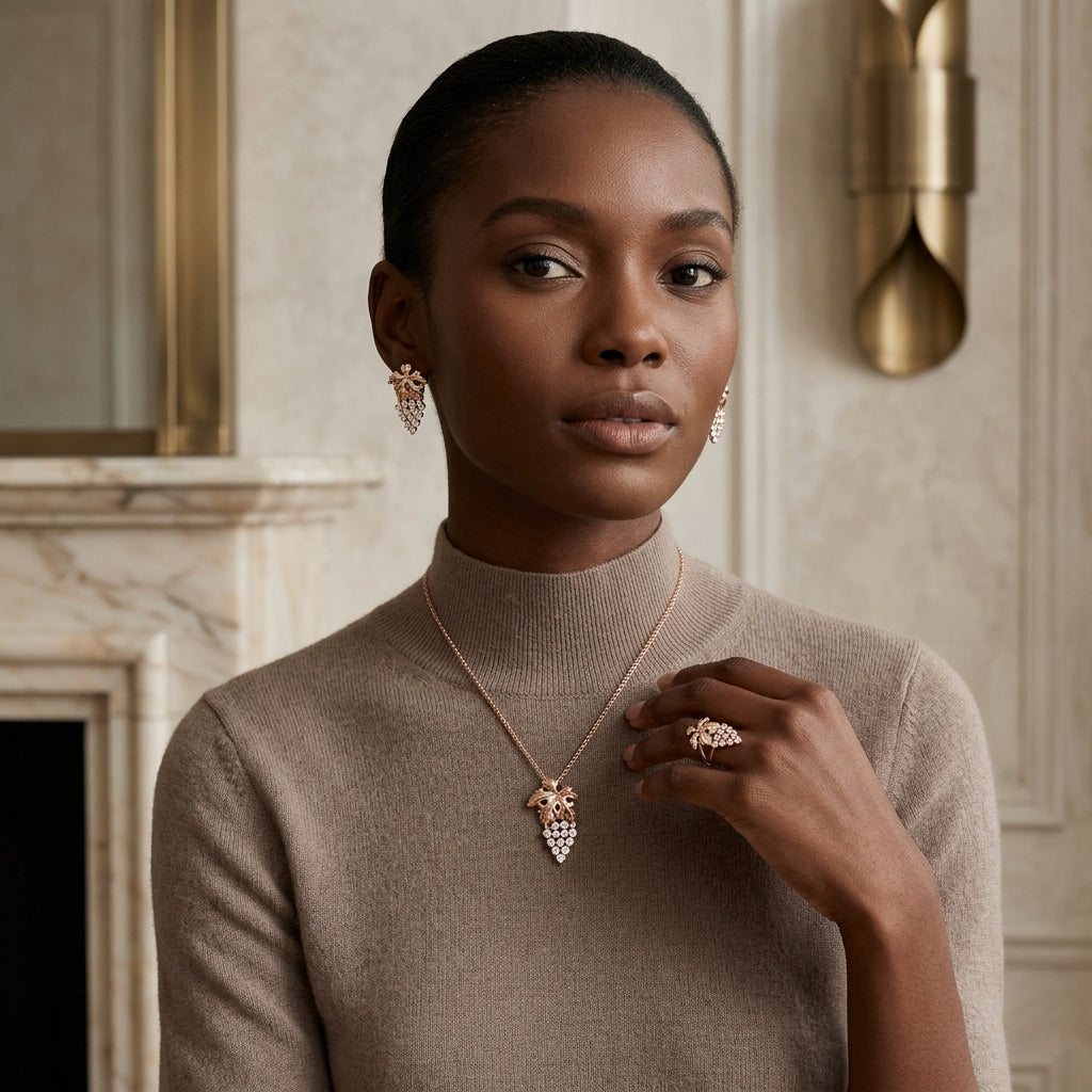 Schmuckset Trauben-Design Zirkon Roségold – Kette, Ohrringe & Ring