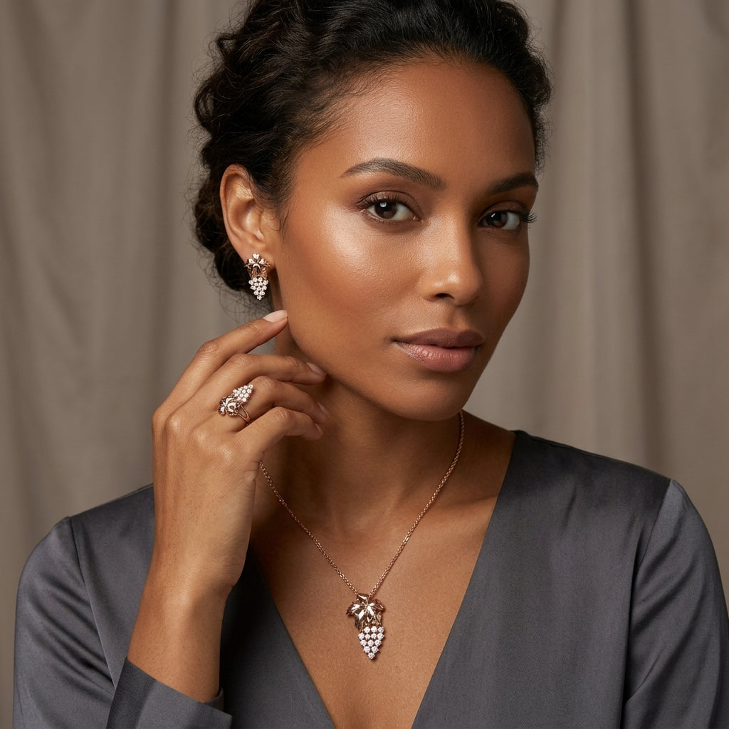 Schmuckset Trauben-Design Zirkon Roségold – Kette, Ohrringe & Ring