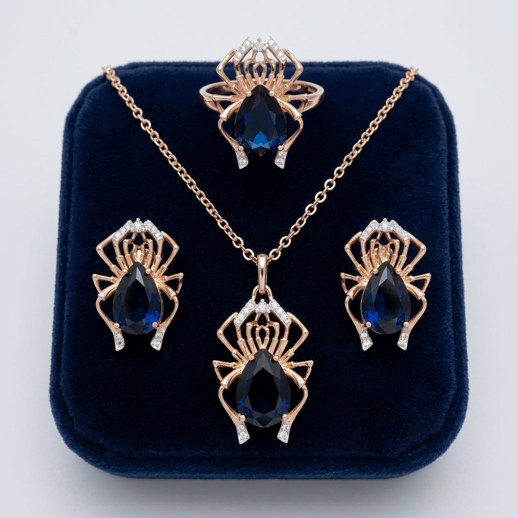 Schmuckset in Roségold und Silber mit blauen Zirkonia im Spinnen-Design – Halskette und Ring