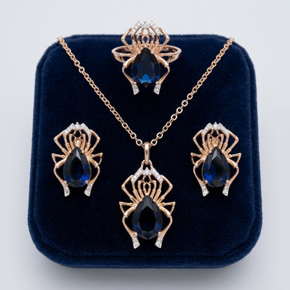 Schmuckset in Roségold und Silber mit blauen Zirkonia im Spinnen-Design – Halskette und Ring