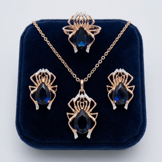 Schmuckset in Roségold und Silber mit blauen Zirkonia im Spinnen-Design – Halskette und Ring