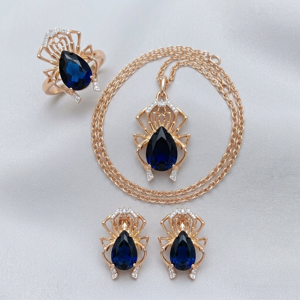 Parure Araignée Zircon Bleu Or Rose & Argent – Collier & Bague