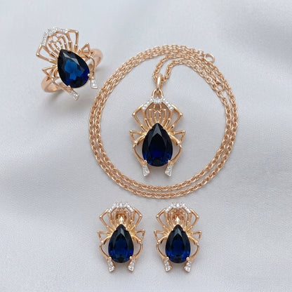 Parure Araignée Zircon Bleu Or Rose & Argent – Collier & Bague