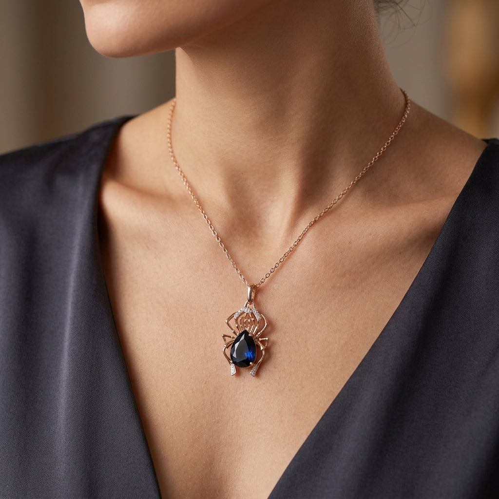 Parure Araignée Zircon Bleu Or Rose & Argent – Collier & Bague