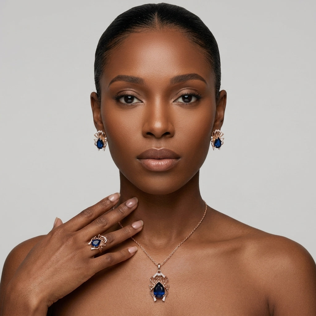 Parure Araignée Zircon Bleu Or Rose & Argent – Collier & Bague