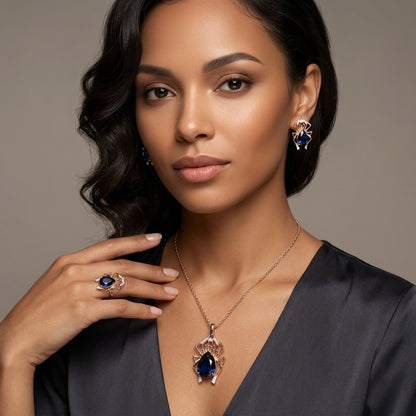 Parure Araignée Zircon Bleu Or Rose & Argent – Collier & Bague