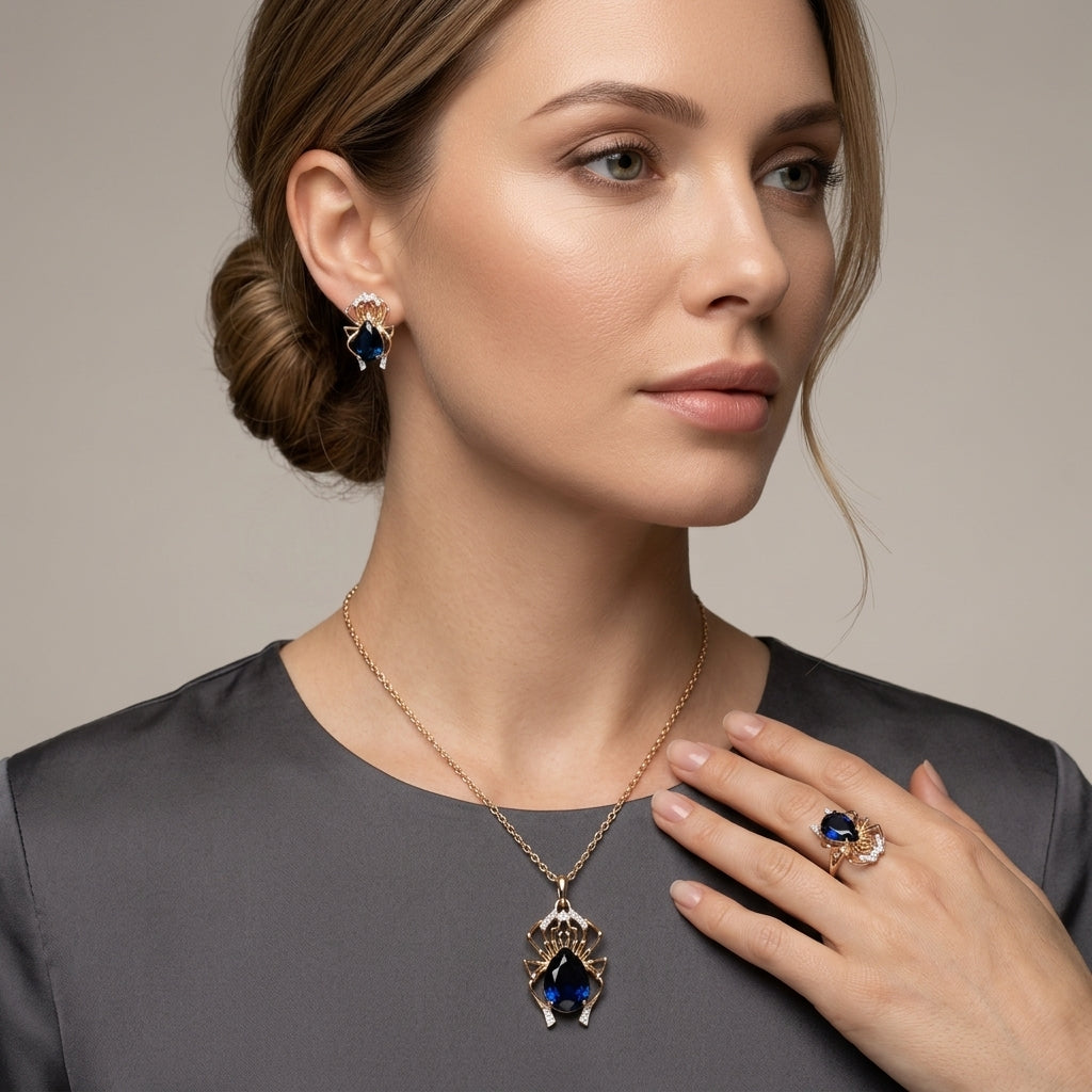 Parure Araignée Zircon Bleu Or Rose & Argent – Collier & Bague