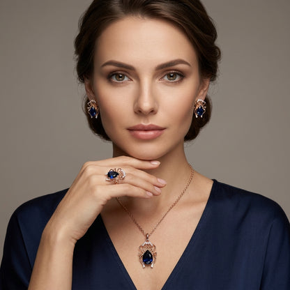 Parure Araignée Zircon Bleu Or Rose & Argent – Collier & Bague