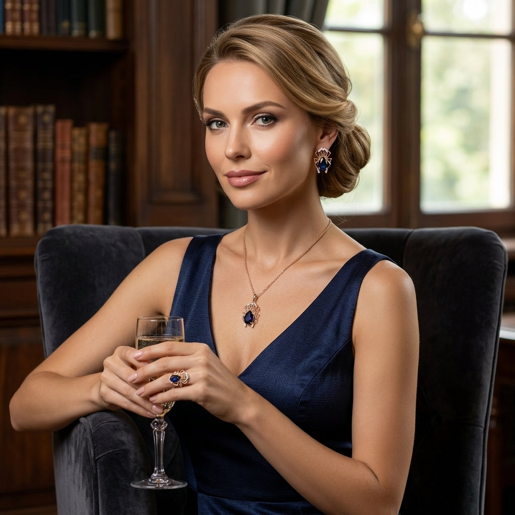 Parure Araignée Zircon Bleu Or Rose & Argent – Collier & Bague