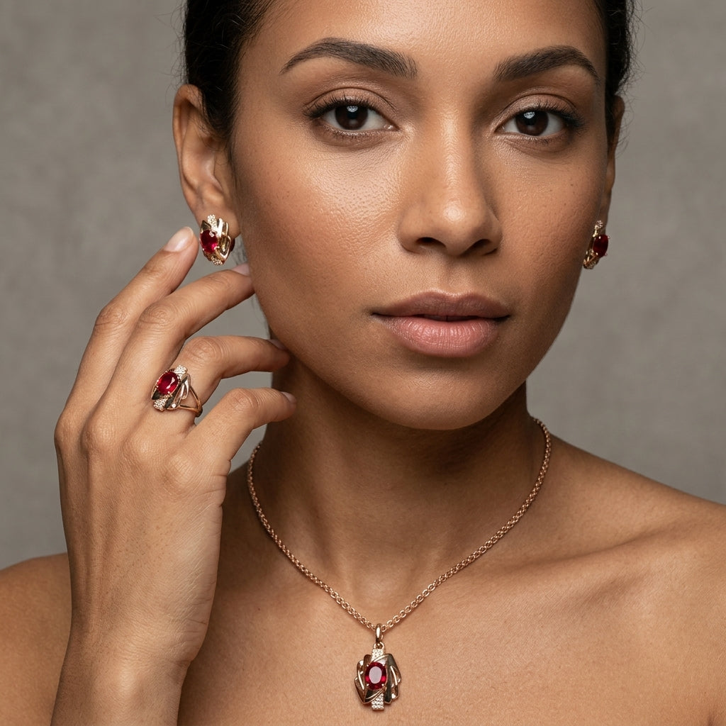 Schmuckset Schwarzer Zirkon Vintage Roségold – Kette, Ohrringe & Ring