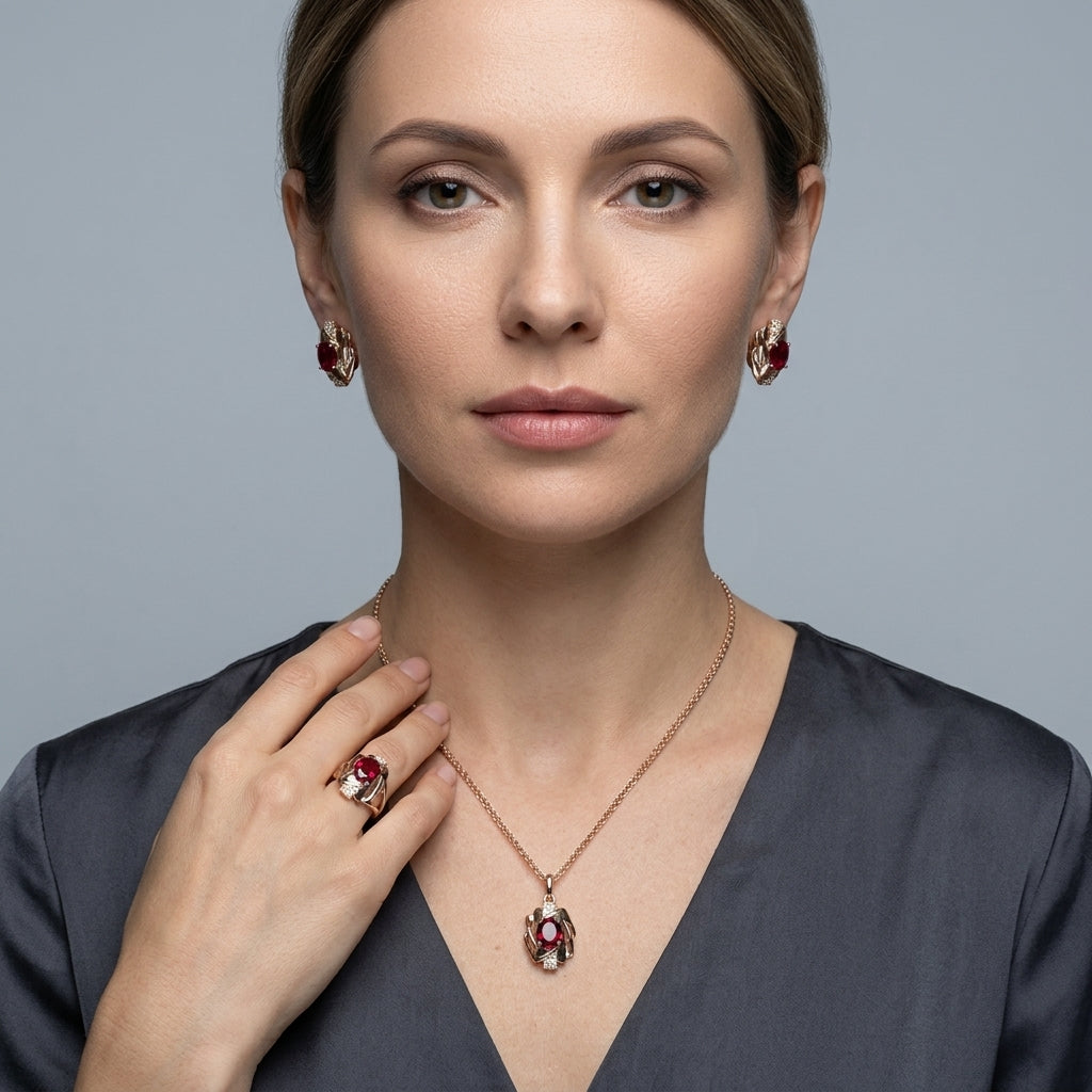 Schmuckset Schwarzer Zirkon Vintage Roségold – Kette, Ohrringe & Ring