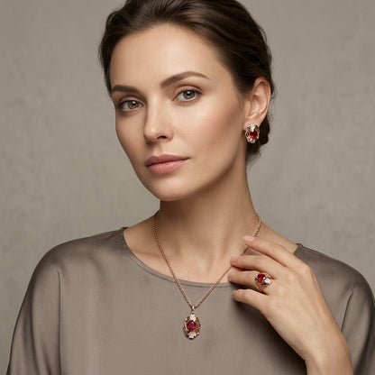 Schmuckset Schwarzer Zirkon Vintage Roségold – Kette, Ohrringe & Ring